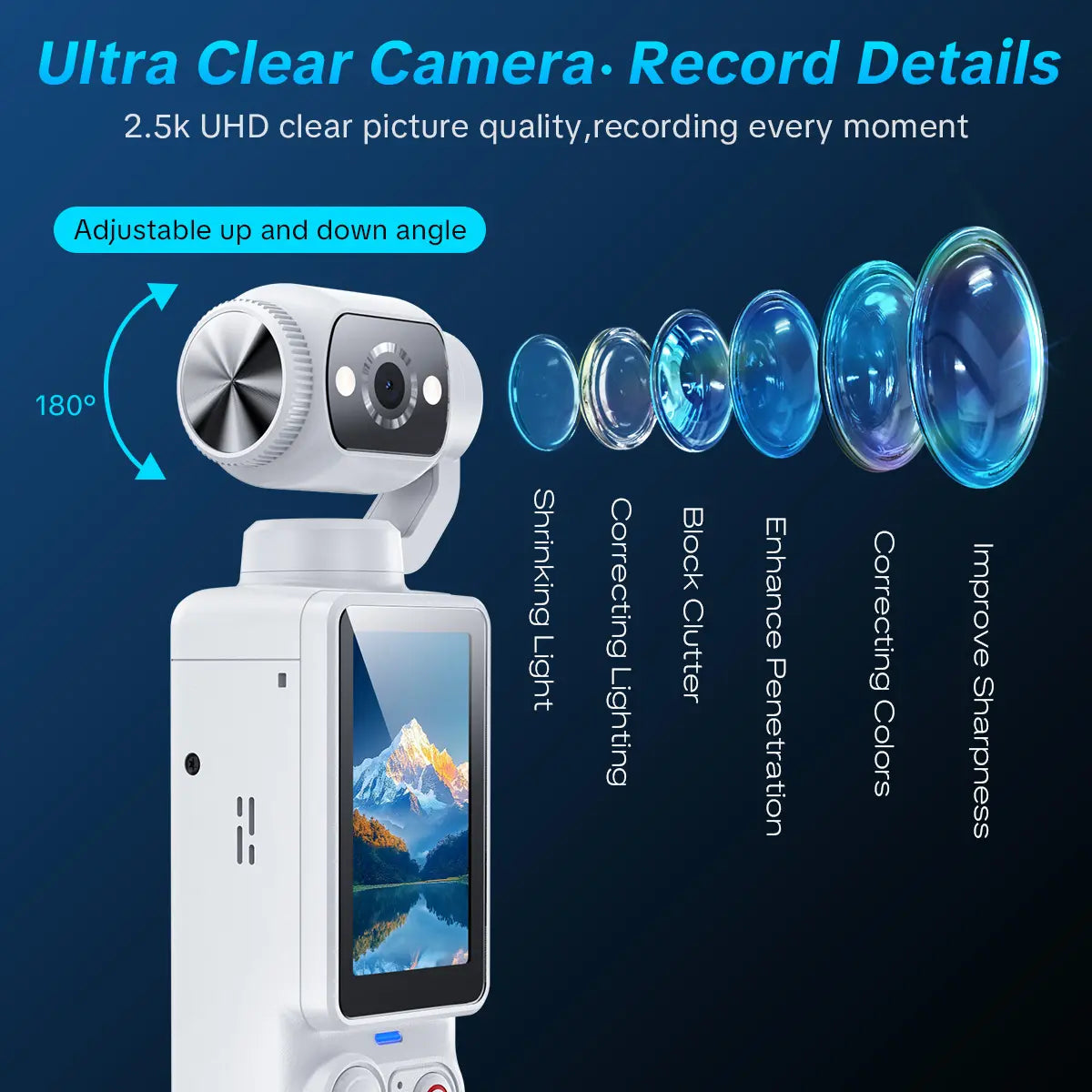 W&O Portable 2.5K Ultra HD Video Recorder with 180° Rotating Lens, Handheld Stabilizer Pocket Camera, Full Body Camera for Vlogging, Travel & Daily Life Recording, USB Rechargeable, Black, Vlogging Camera, Modern Gadget, Durable Construction, Camcorder