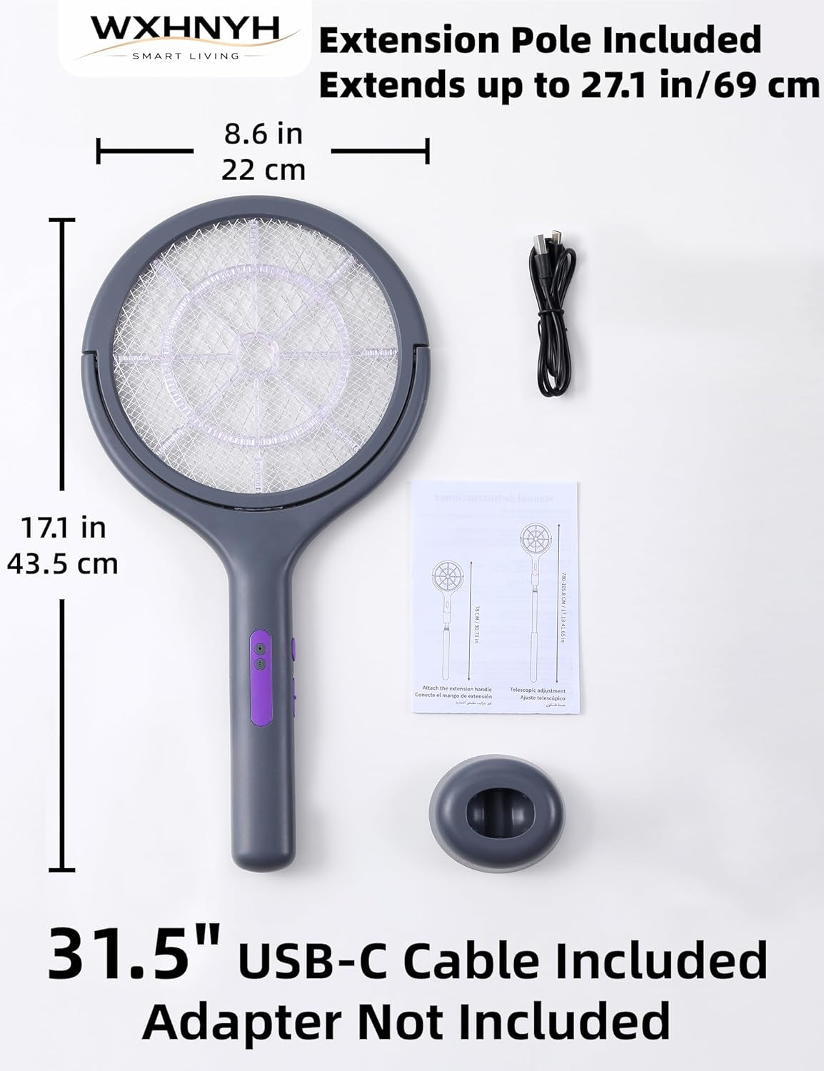 Electric Fly Swatter with Extendable Handle & Rotating Head, 3000V Rechargeable Bug Zapper Racket, 1200Mah Long Lasting, Reach Every Corner, Indoor Outdoor Mosquito Swatter