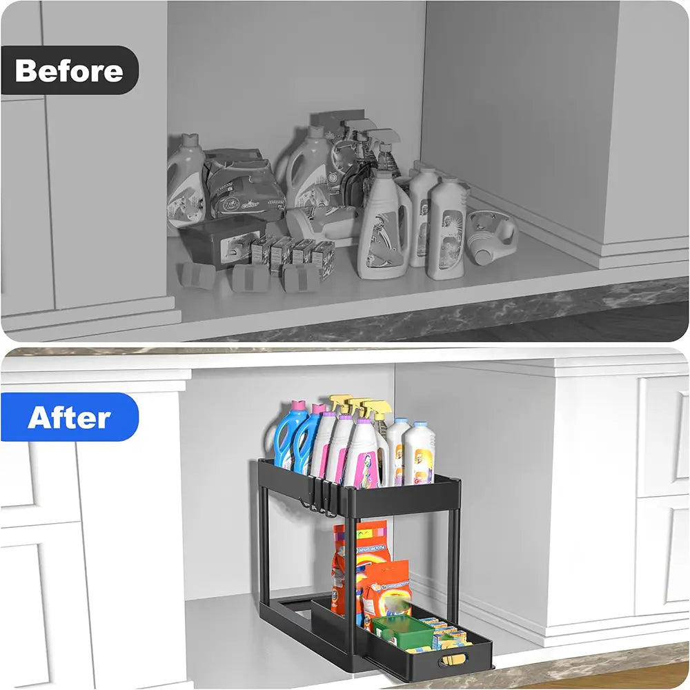 2PC Black 2-Tier Sliding under Sink Organizer Rack with Drawer & 4 Hooks, Multi-Purpose Storage for Bathroom & Kitchen