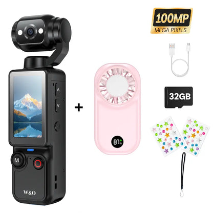 W&O Portable 2.5K Ultra HD Video Recorder with 180° Rotating Lens, Handheld Stabilizer Pocket Camera, Full Body Camera for Vlogging, Travel & Daily Life Recording, USB Rechargeable, Black, Vlogging Camera, Modern Gadget, Durable Construction, Camcorder