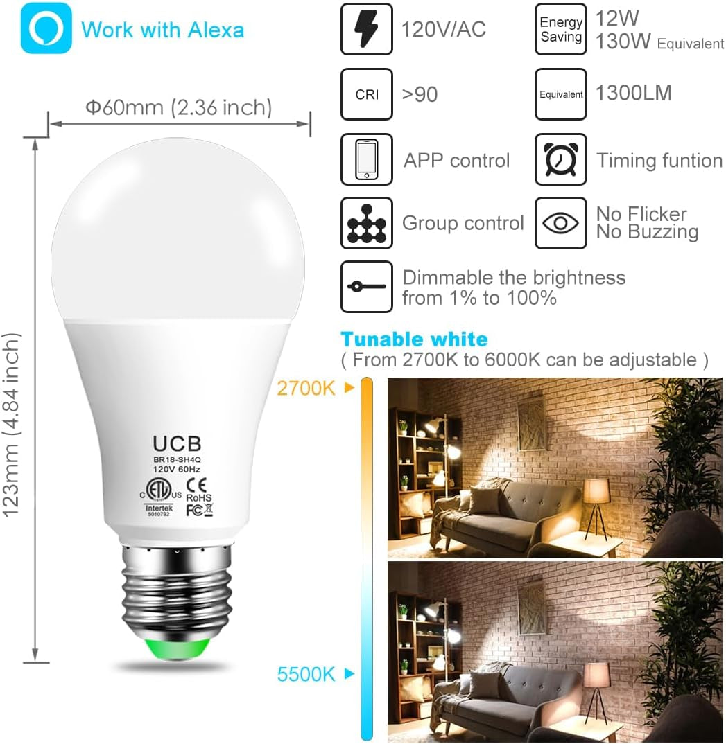 Alexa Light Bulb 1300LM, 12W Smart Light Bulbs Warm White to Daylight Tunable, A19 E26 Bluetooth LED Bulbs for Bedroom Kitchen Living Room Office（12 Pack）