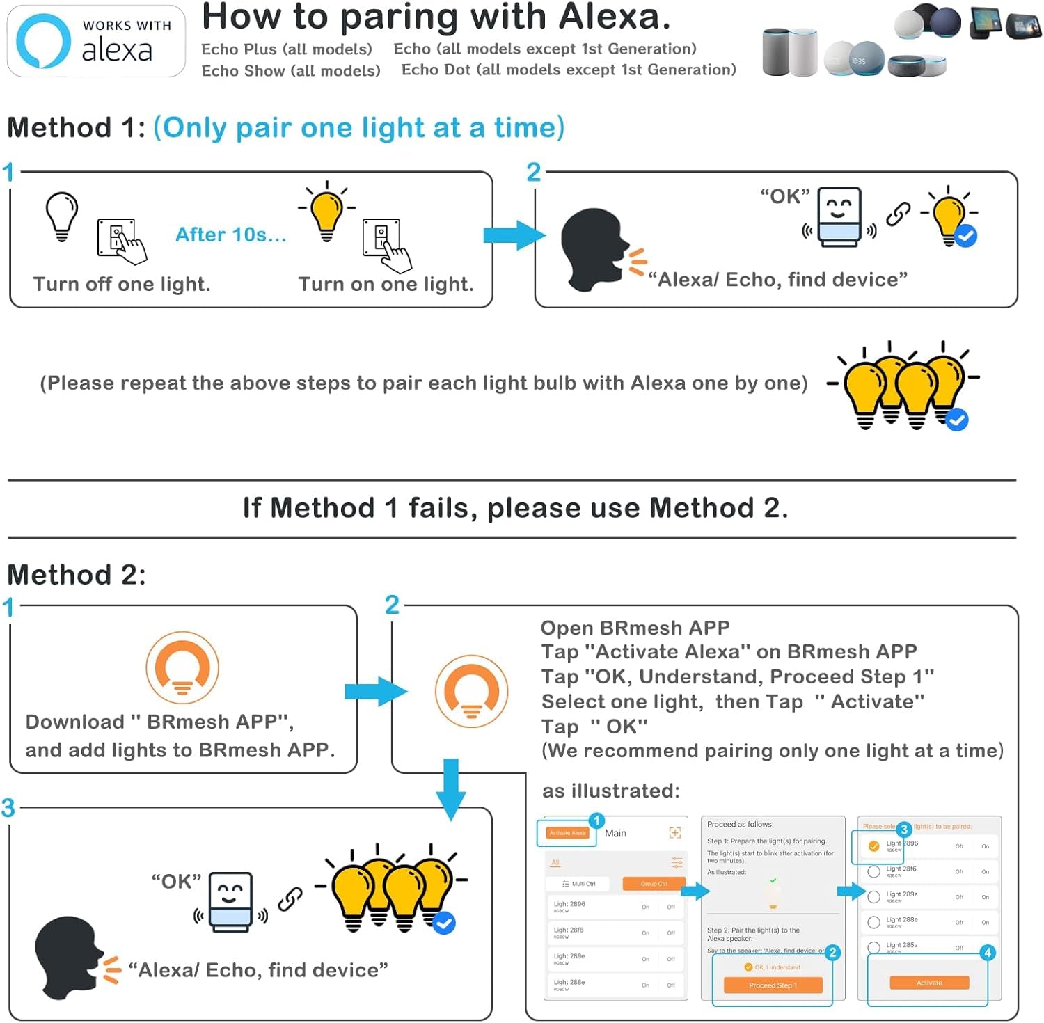 Alexa Light Bulb 130W Equivalent, Smart Light Bulbs Warm White to Daylight Tunable, A19 E26 Bluetooth LED Bulbs Controlled by Brmesh APP and Alexa Only, Timing, Flicker-Free（8 Pack (8)