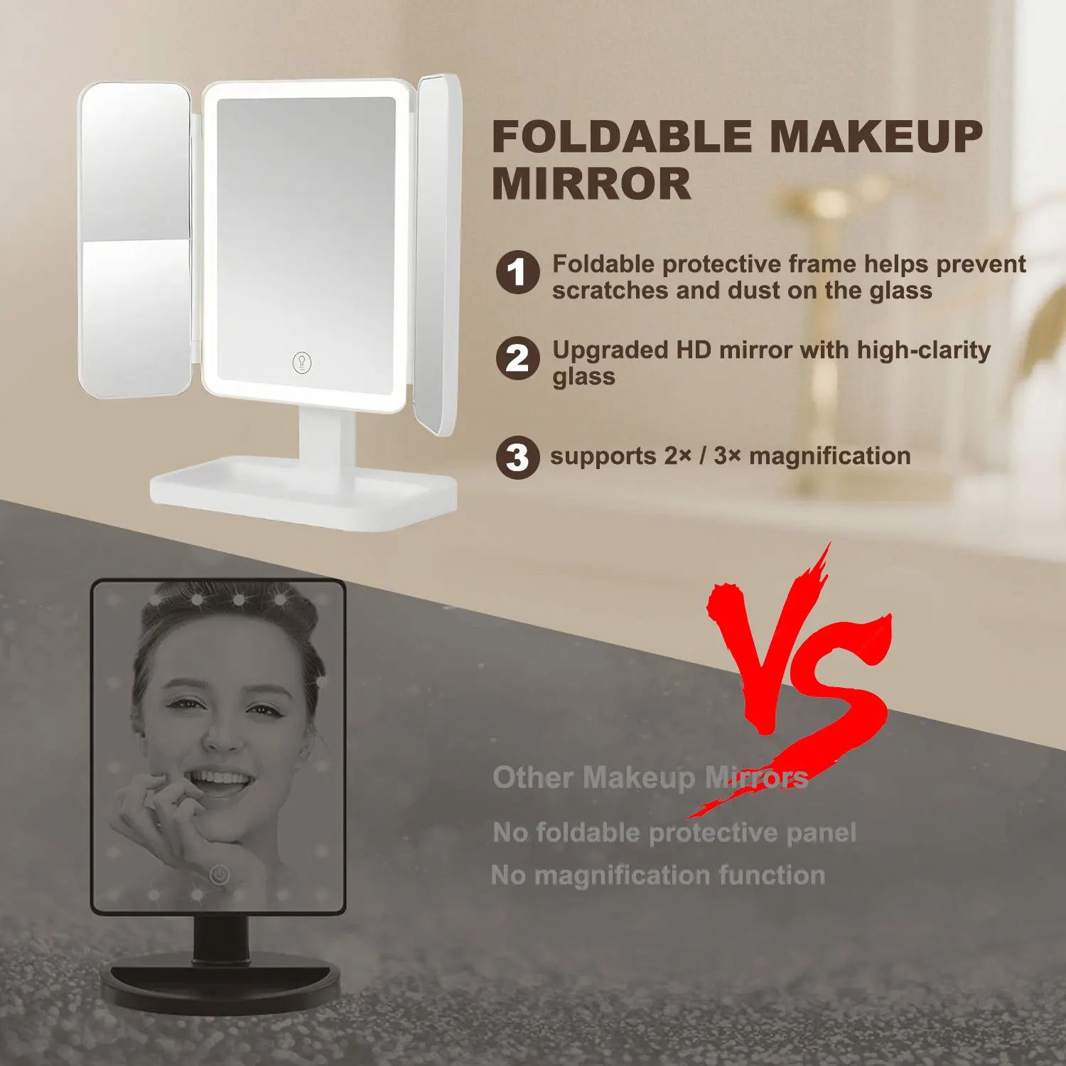 Summervibes Foldable LED Makeup Mirror, 3 Light Modes, 2X/3X HD Magnification, Touch Dimmable, 360° Rotatable, Portable Vanity Mirror, Exquisite Gift Box, Ideal Gift for Mom and Girlfriend