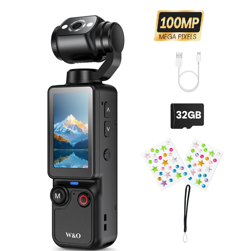 W&O Portable 2.5K Ultra HD Video Recorder with 180° Rotating Lens, Handheld Stabilizer Pocket Camera, Full Body Camera for Vlogging, Travel & Daily Life Recording, USB Rechargeable, Black, Vlogging Camera, Modern Gadget, Durable Construction, Camcorder