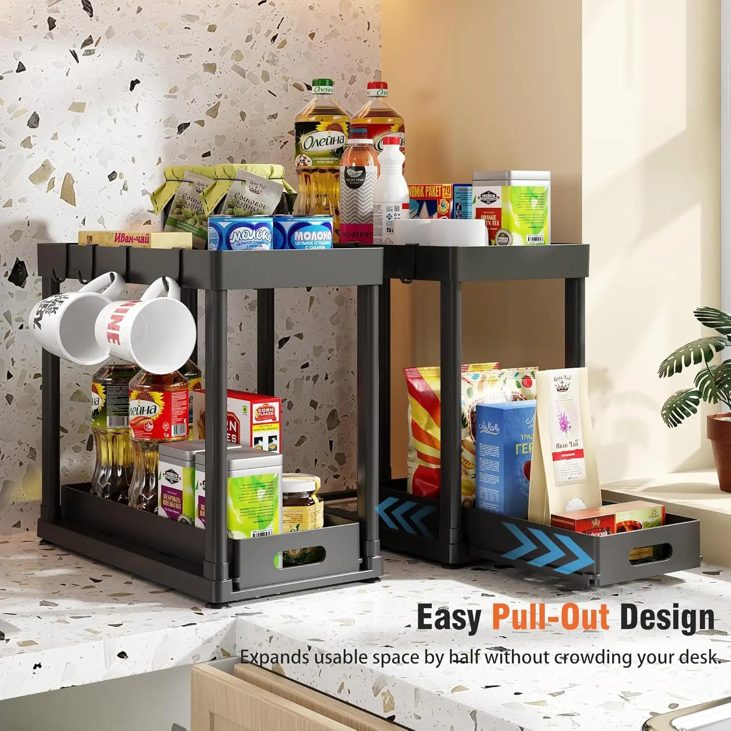 2PC Black 2-Tier Sliding under Sink Organizer Rack with Drawer & 4 Hooks, Multi-Purpose Storage for Bathroom & Kitchen